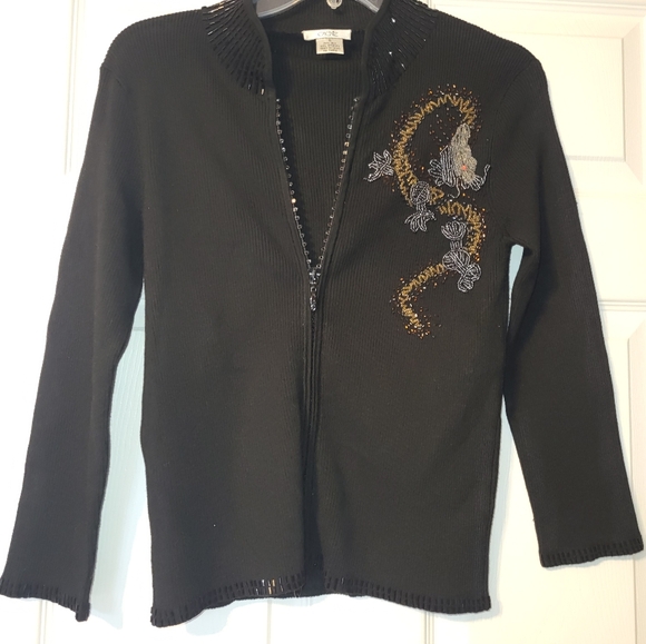 Cache Sweaters - Vintage Cache Beaded Dragon Cardigan Silk Blend Women's Size Small‎ Black Y2K